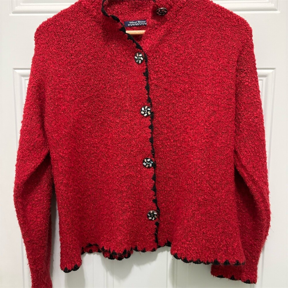 Wind River Cardigan Sweater Womens M Red Boucle Knit Scalloped Trim